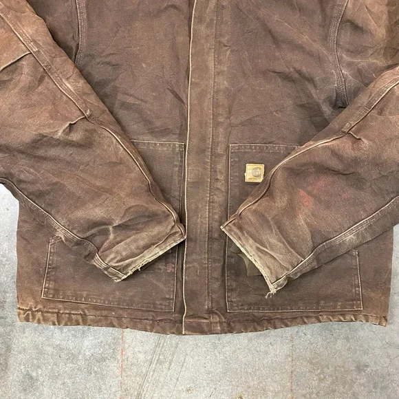 Carhartt J22 Duck Jacket Brown Hooded Workwear Distressed Mens XL - Picture 4 of 11